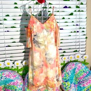 WHBM peach watercolor floral dress with cute pleated bell sleeves